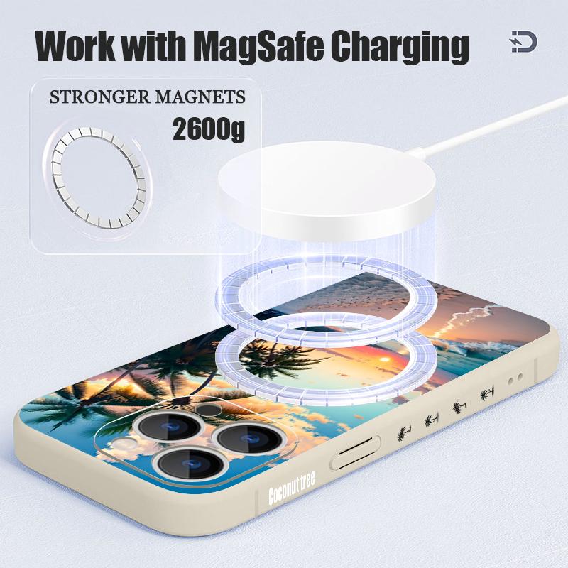 Magnetic For Magsafe Case For iPhone 17 Pro Max Seaside Coconut Print Soft Silicone Phone Back Cover For iPhone 16 15 14 13 Pro Max 16e 17e