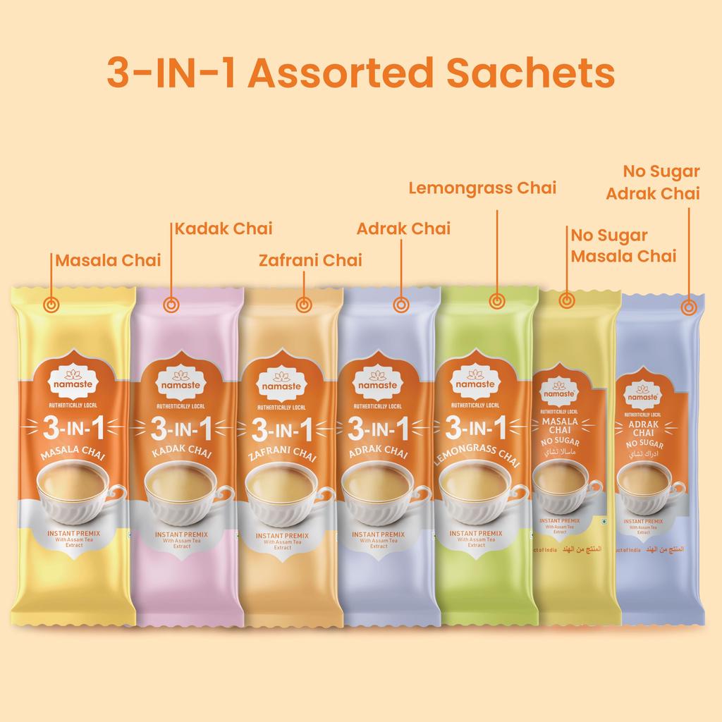 Namaste Chai 3 in 1 Assorted Tea Premix with Sugar and No Sugar - 16 Sachets | Readymade Chai Mix Instant Sachets | Kadak, Adrak, Lemongrass, Zafra
