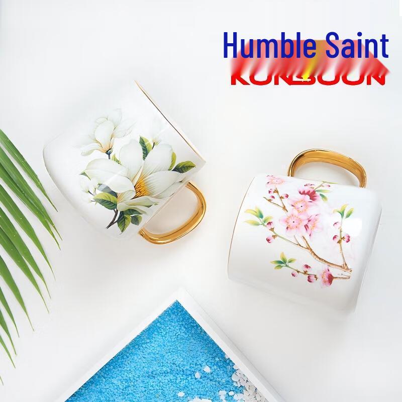 Qianxing Ceramic Plum Blossom Mug with Gold Handle