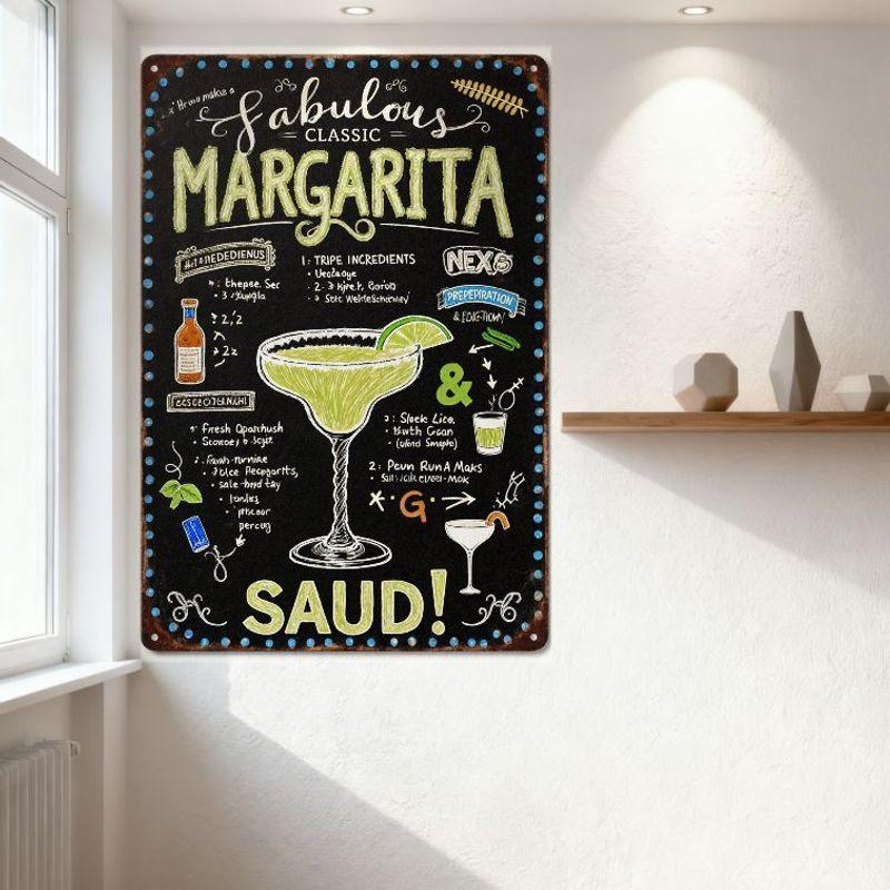 Vintage Chalkboard Style How To Make Fabulous Classic Margarita Metal Tin Sign, Home Bar Club Restaurant Man Cave Wall Decor Wit