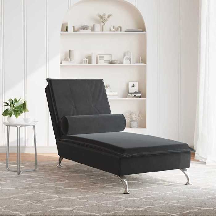 VidaXL Massage Chaise Longue with Bolster Black Velvet, Long Sofa Chair, Bedroom Chaise Lounge, Chair of 379455