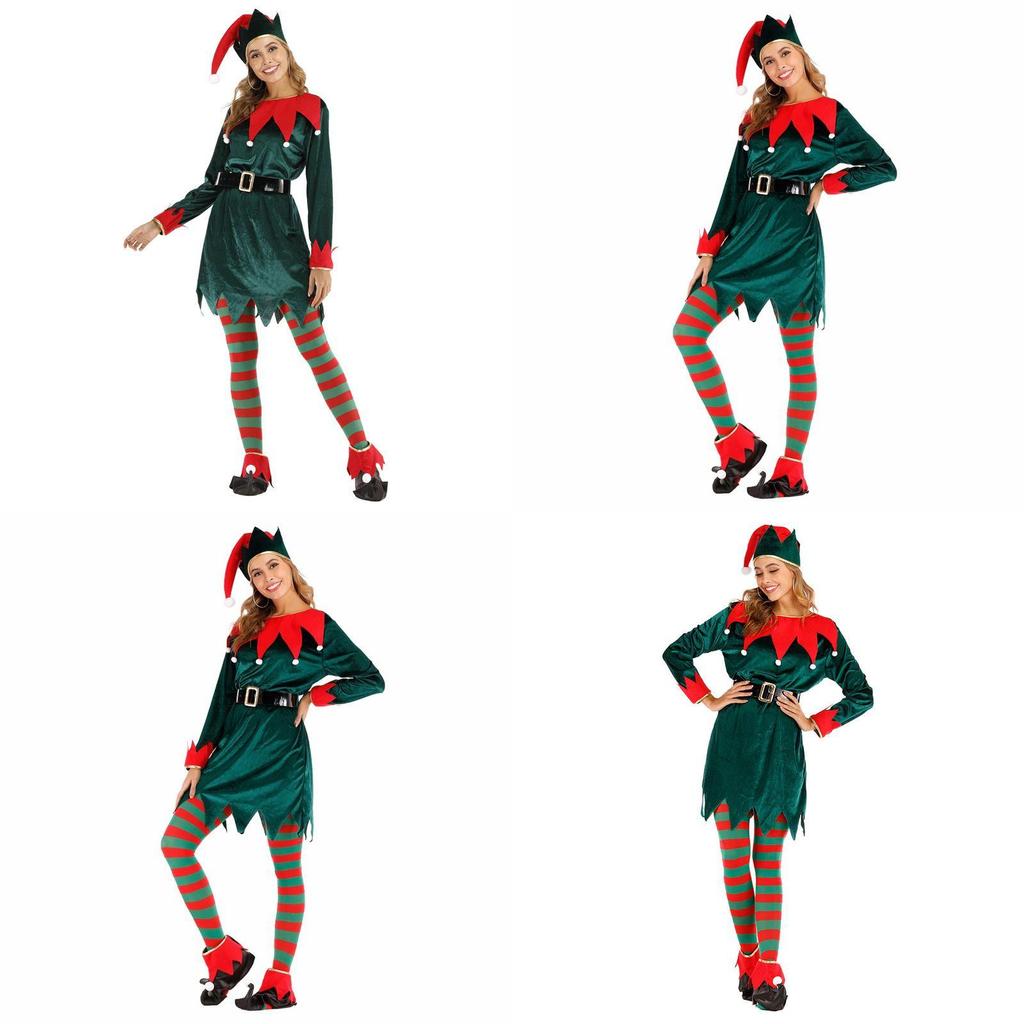 Halloween Cosplay Kostüm Set Damen Samt Weihnachtself Kostüm