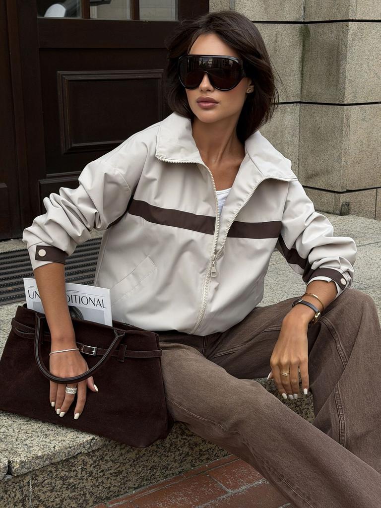 Women's Color Block Jacket Casual Stand Collar Zip Up Long Sleeve Crop Top Outerwear