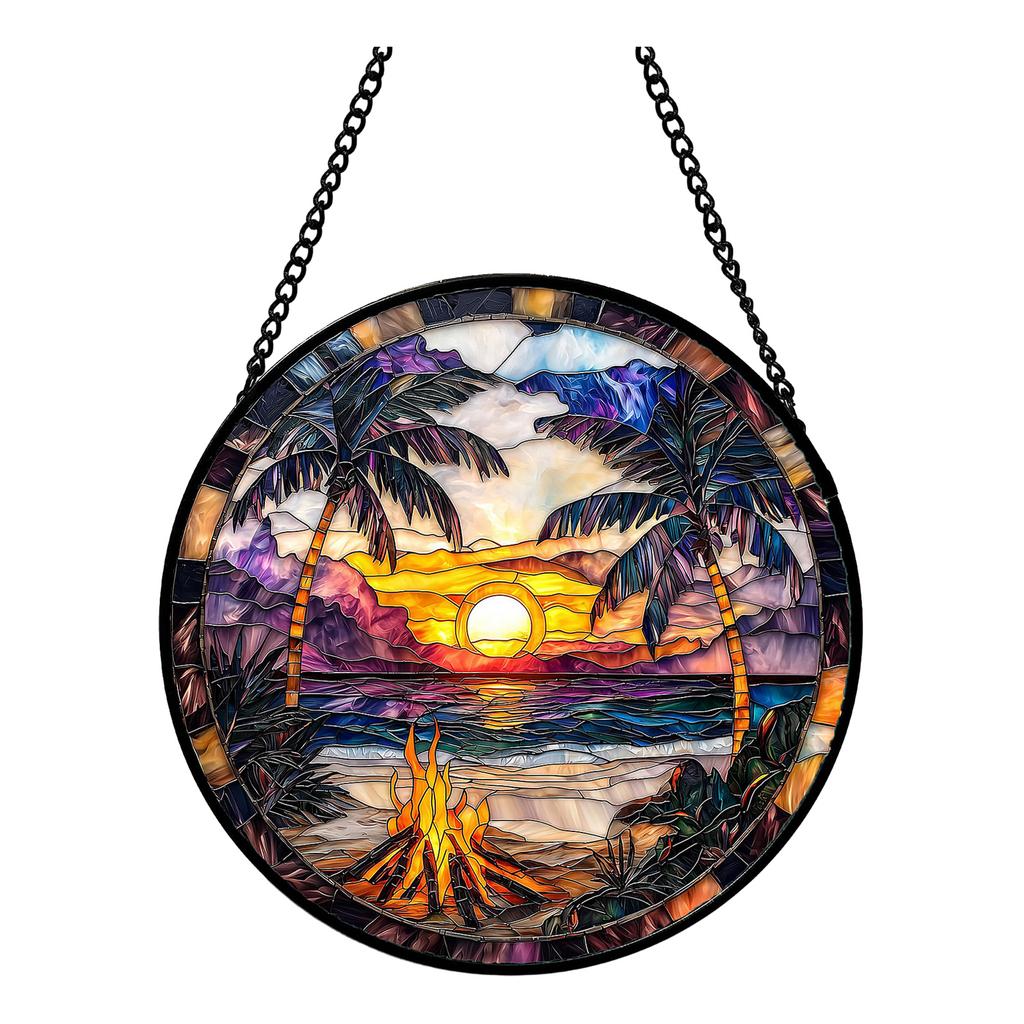 Acrylic Hanging Window Ornament Stained Glass Style Bird Design Round Shape Decorative Suncatcher with Chain for Indoor Outdoor Display