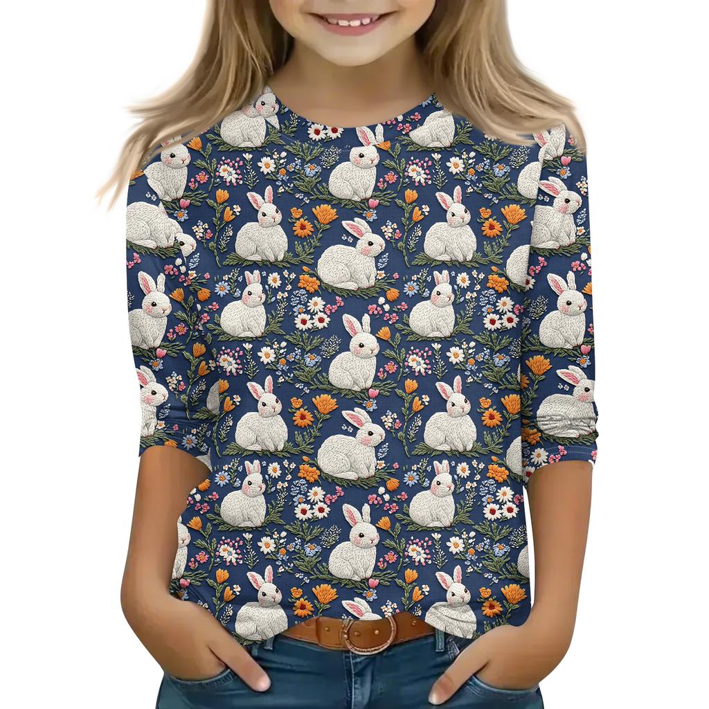 Print Tops For Youth Girls Round Neck 3/4 Sleeves T-Shirts Trendy Tops Outfit Tees