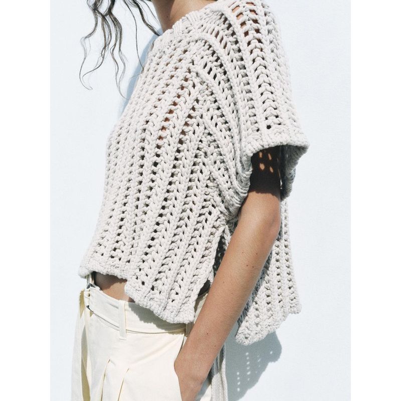 Za2024 Autumn New Women's Clothing Fashion Side Belt Decoration Thick Needle round Neck Casual Short Sleeve Tops 2142116