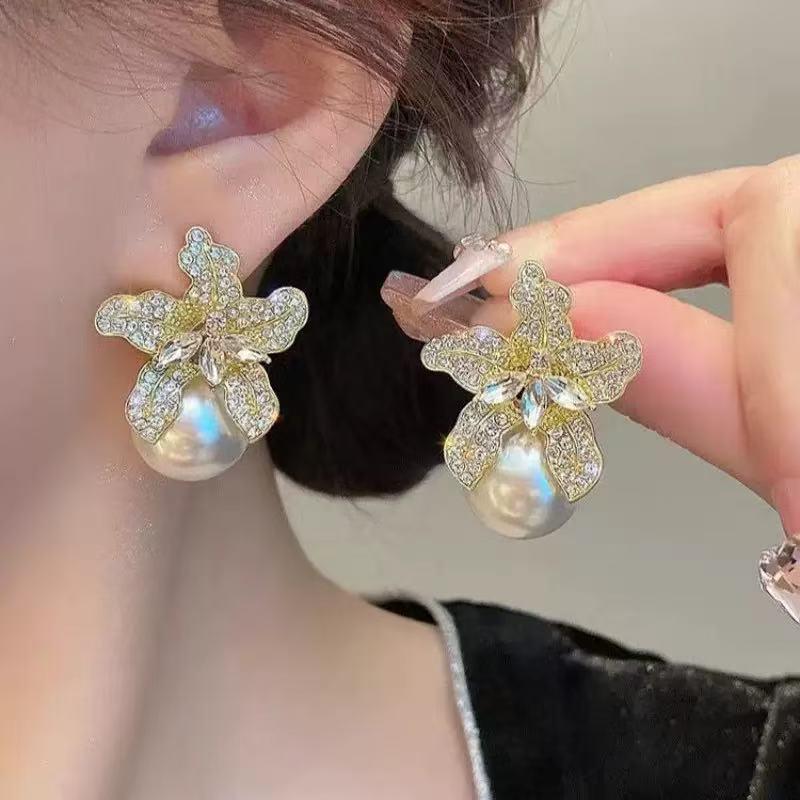 French Floral Pearl Dangle Earrings - Luxurious, Unique Design with Full Diamonds for Women