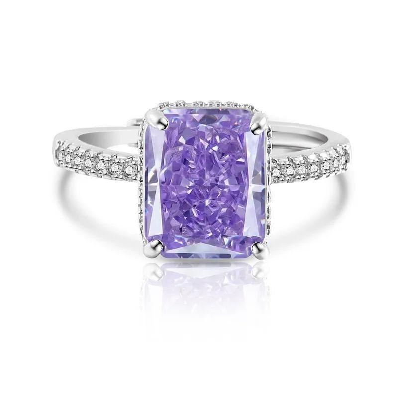 Main Stone 8 * 10MM Rectangle Color Ice Flower Cut High Carbon Diamond 925 Sterling Silver Light Luxury Fashion Women's Ring