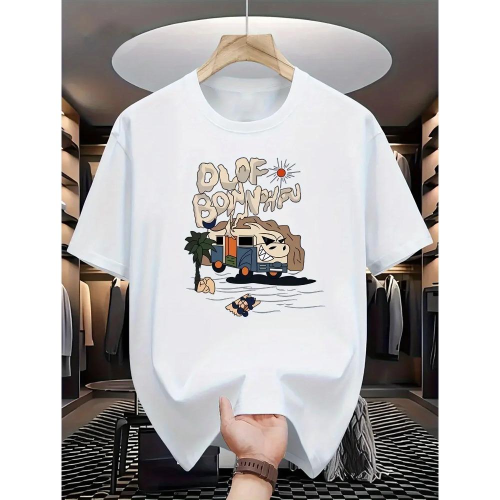 

Men S Casual Crew Neck T-Shirt with Oluofu Bangfu Print, Knit Fabric, Slight Stretch, Summer Short-Sleeve Top XXXXXL белый