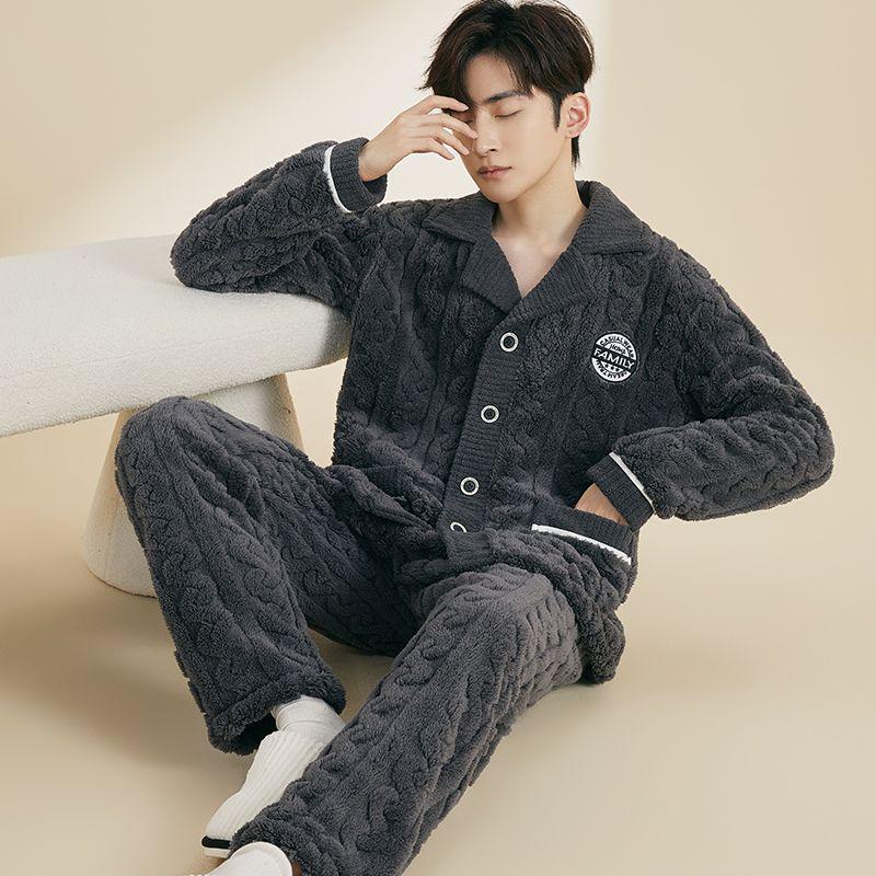 Men's Plus Size Flannel Fleece Home Wear Set - Thickened for Autumn and Winter