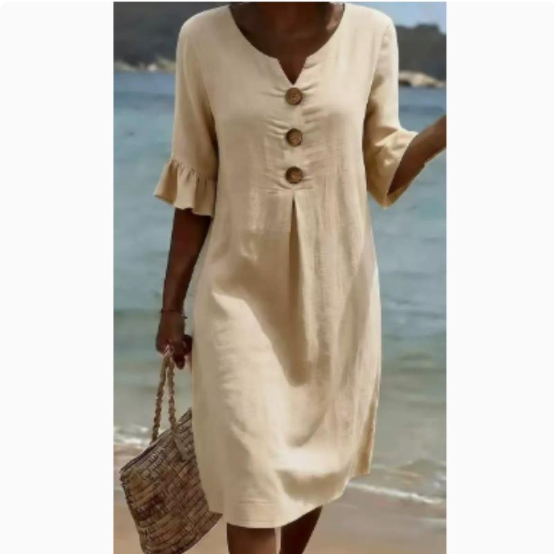 Casual Cotton Linen Midi Sundress with Ruffle Sleeves and Button Details