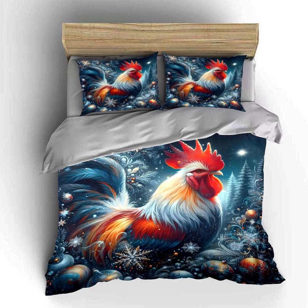 3Pcs Christmas Rooster Bedding Set, Festive Rooster with Snowflakes and Ornaments Print Duvet Cover + 2 Pillowcases,Decor gift