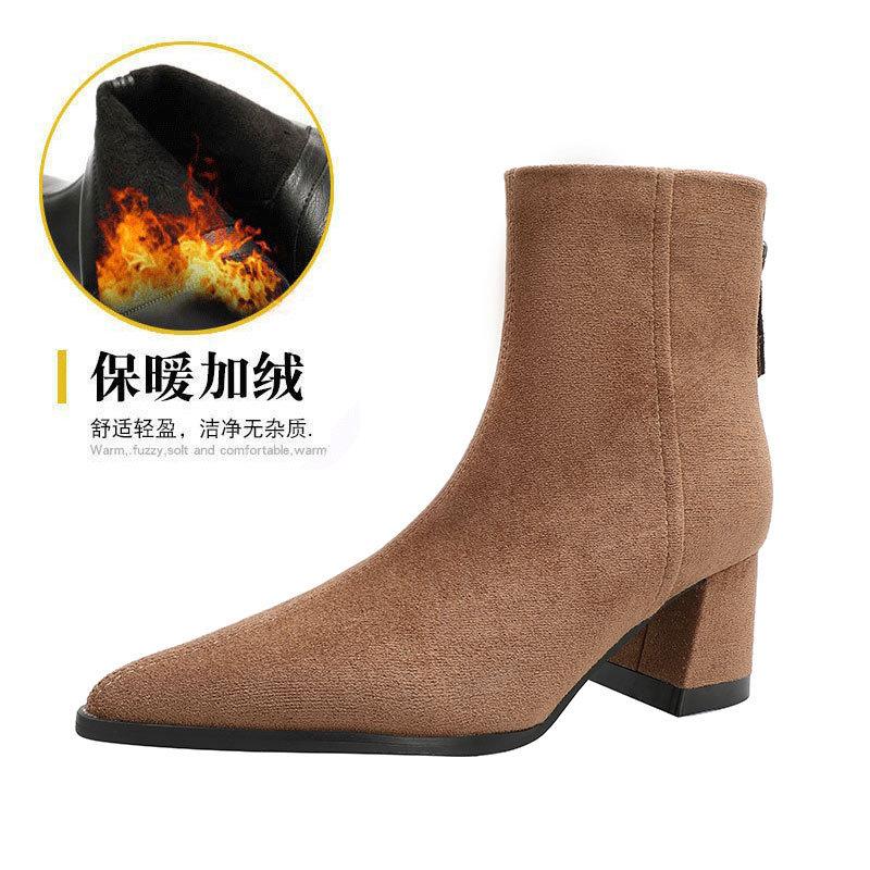 Coarse Heel Short Boots Women's 2025 Autumn and Winter New French Pointed High Heel Boots Suede Thin Elastic Boots Medium Tube Fashion Boots