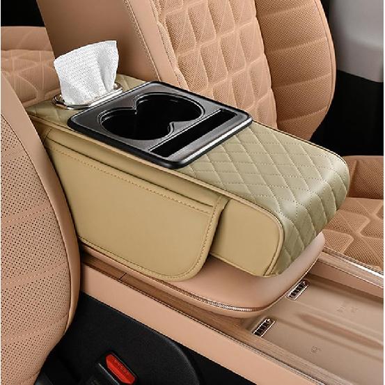 Подлокотник центральной консоли автомобиля с подстаканником, водонепроницаемый кожаный чехол-органайзер для большинства автомобилей - бежевый