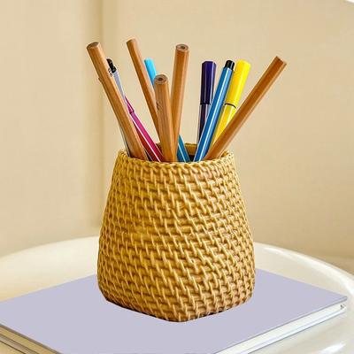 1pcs Creative Retro Imitation Rattan Pen Holder Makeup Brush Eyebrow Pencil Storage Box Office Desktop Artistic Decoration