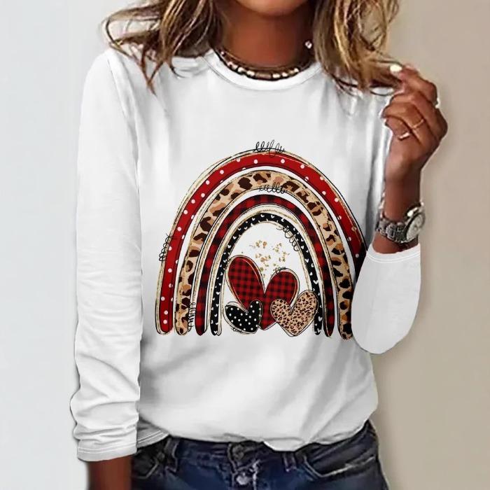 Rundhals 3D-bedrucktes Liebesmuster Top Modische Lässige Langarm Damen T-Shirts