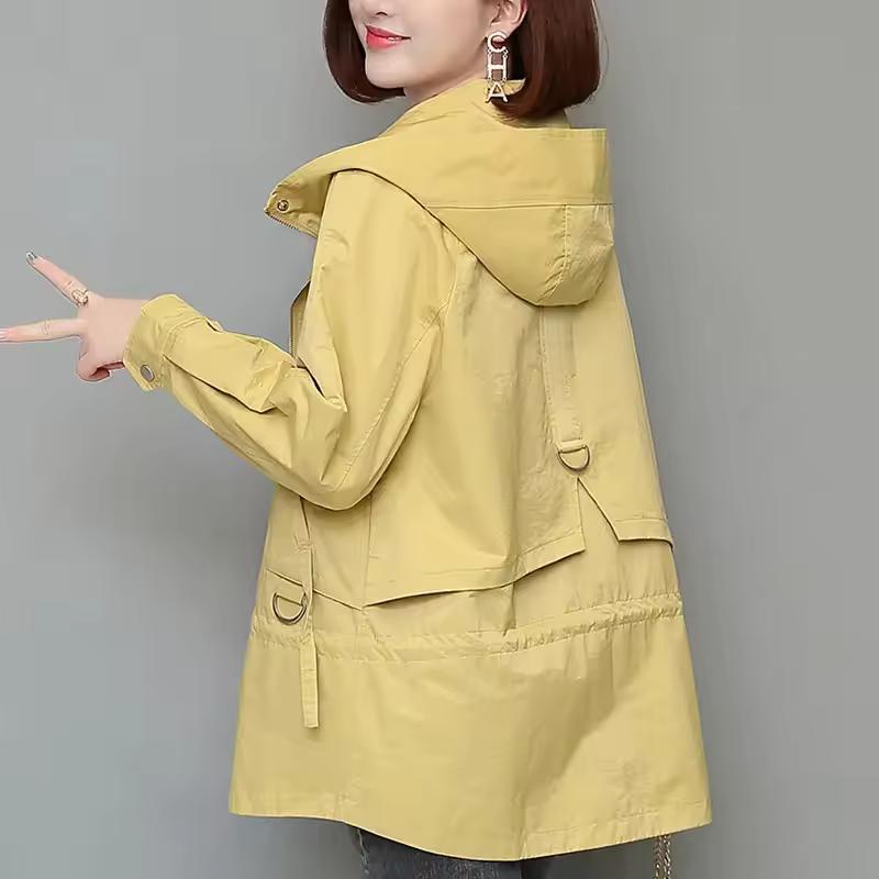 Women s Spring/Fall Long Hooded Trench Coat Korean Style Solid Color Casual Jacket XS