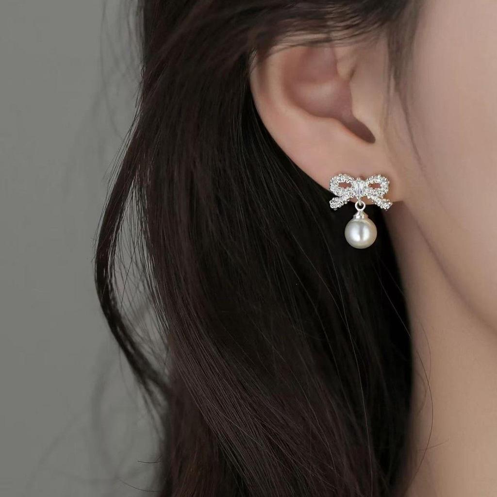 925 Sterling Silver Bow Pearl Stud Earrings - Elegant Women's Luxury Accessories 2026