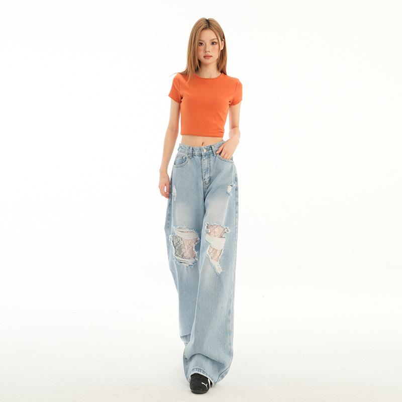 Damen High Waist Ripped Spitze Straight-Leg Loose Jeans - Sommer 2025
