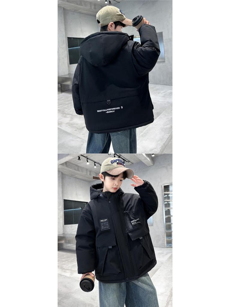 Boys' 2025 Quilted Hooded Windbreaker Jacket: Stylish Autumn/Winter Casual Top for Big Boys