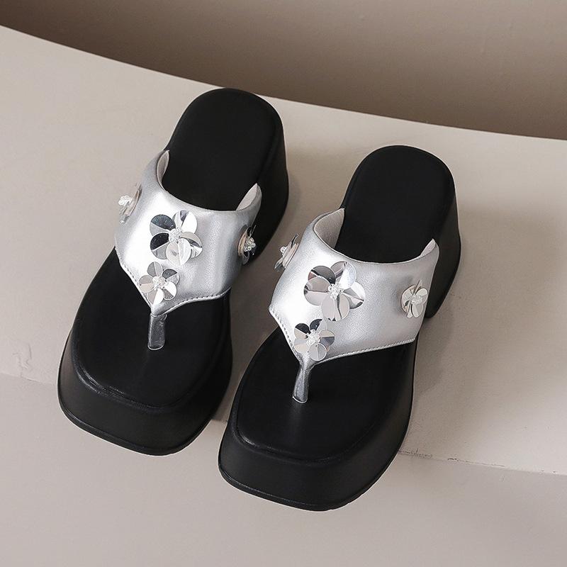 2025 Spring and Summer New European and American Style Fashion Waterproof Heel Shoes Square Head Open-toed Muffin Thick-soled One-word Slippers Women