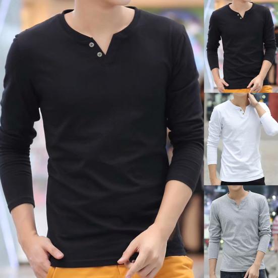 Men T-shirt V Neck Buttons Decoration Slim All Match Spring Base Shirt for Daily Wear