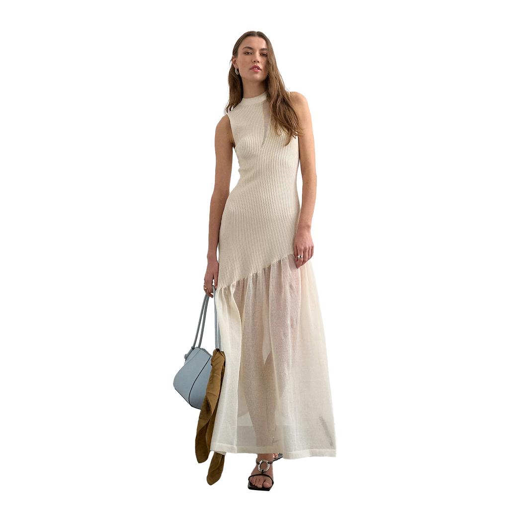 European and American Style Sleeveless Knitted Perspective Mesh Splicing Dress Women's Semi-turtleneck Hollow Design Temperament Versatile Long Dress