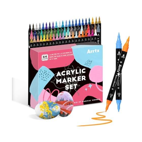 Arrtx Acrylic Marker Pen, Acrylic Paint, 64 Colors, Water-Based Pen, Paint Marker, Color Pen, Soft Tip, Brush/Fine Tip, For Plastic Board, Cloth,