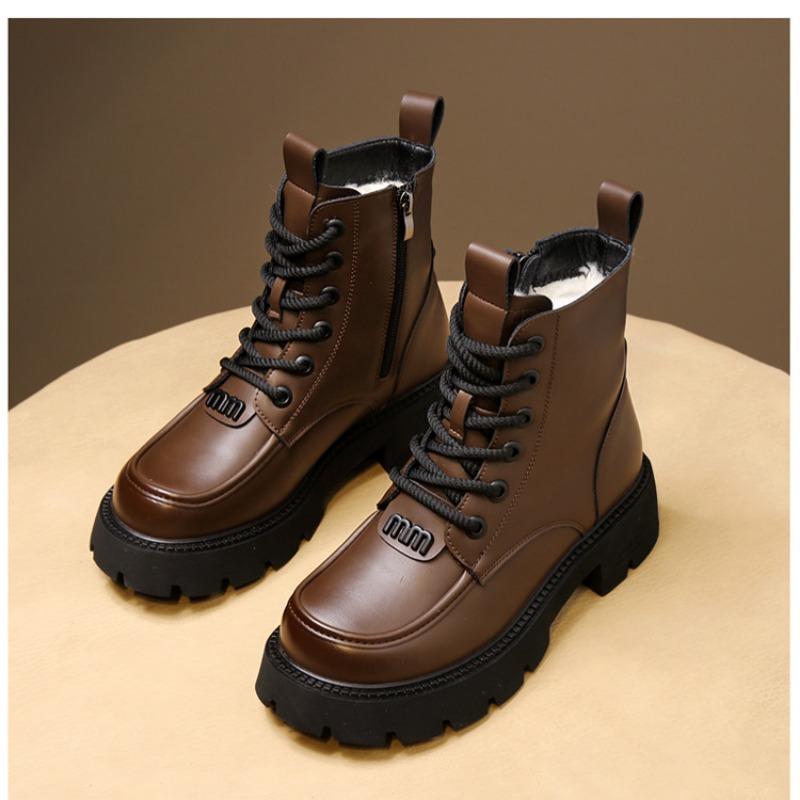 Fashion Trend Martin Boots Thick-soled Comfortable Fashion Boots Women's Autumn and Winter New Lace-up Velvet Leather Boots
