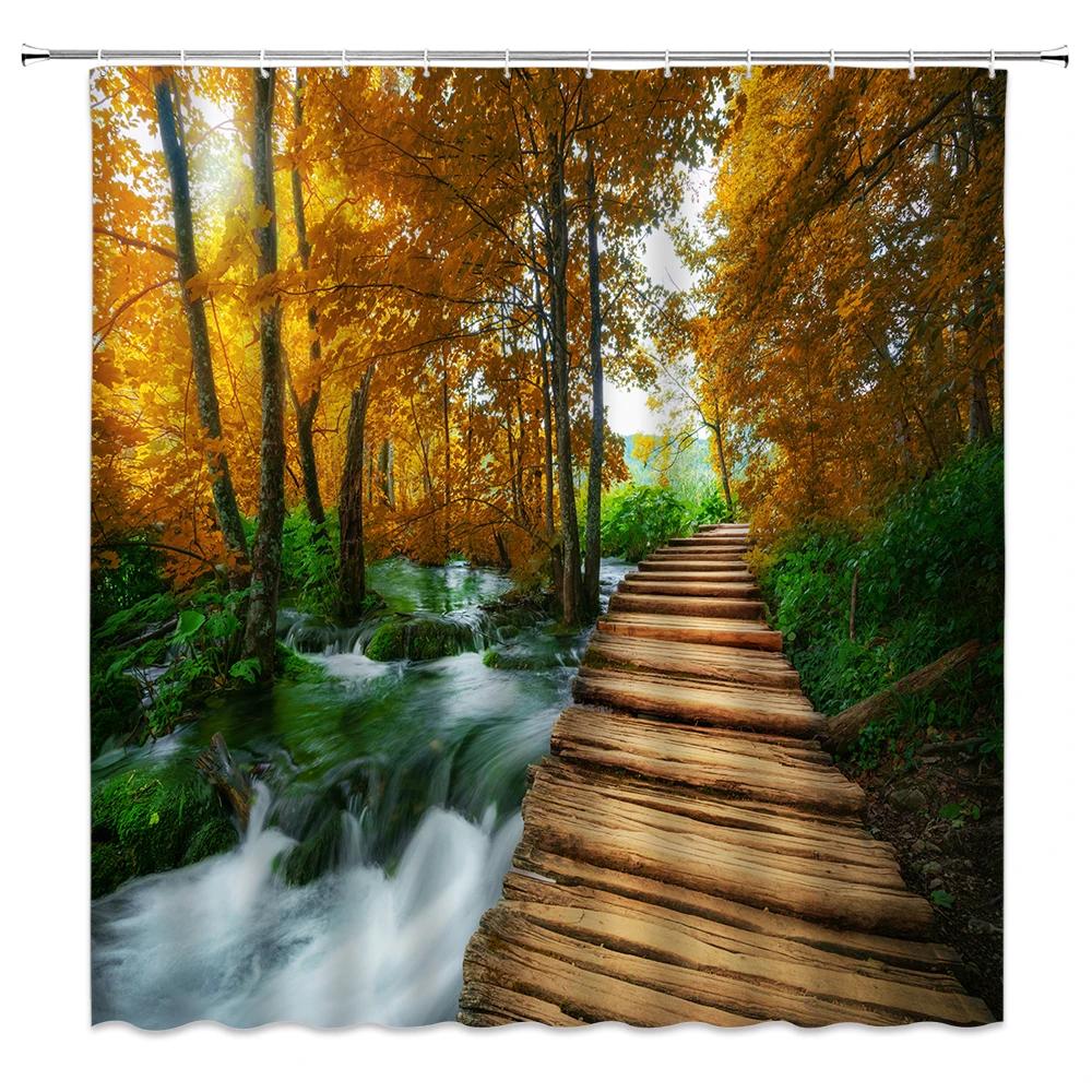 Natural Scenery Waterfall Shower Curtain Plant Lake River Landscape Bath Decor Bathroom Waterproof Polyester Cloth Curtain