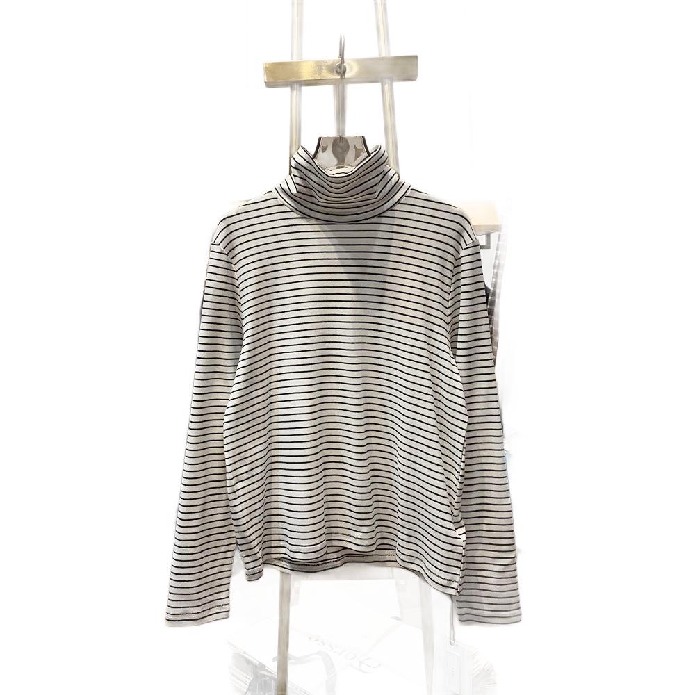 Double-Sided Velvet Striped Base Layer, Half-High Collar, Slim Korean Style Long-Sleeve Top for Women.