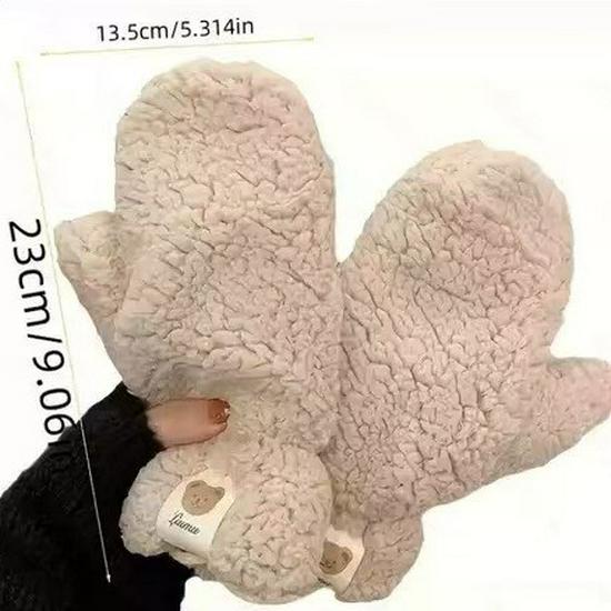 Women's Winter Lambswool Teddy Bear Patch Gloves - Fleece Lined, Thick, Cute, Hanging Neck Design for Cycling.