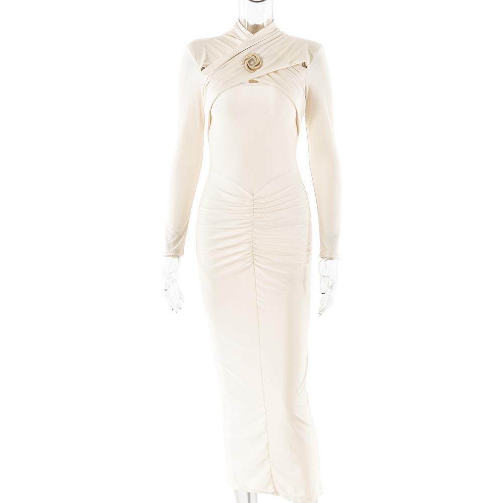 Women's High Neck Long Sleeve Midi Dress Fitted High Waist Hollow Front Ruched Bodycon Party Dress
