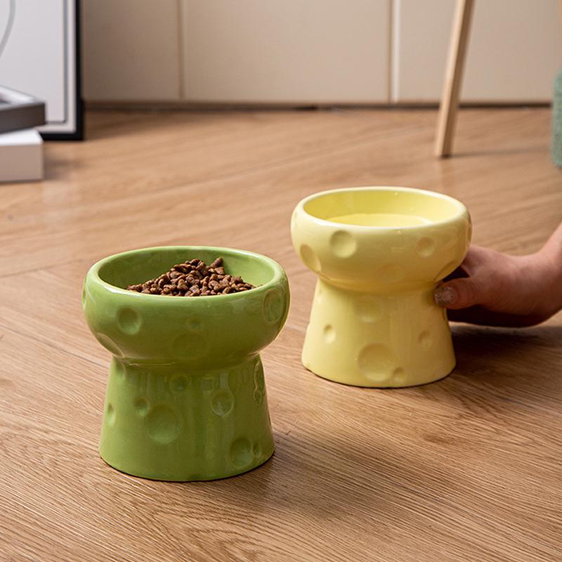 Ceramics Cat Bowl With Cheese Design Cat Food Bowl Water Plate Snack Dish Large Caliber Anti-Tip With Stand For Neck Protection
