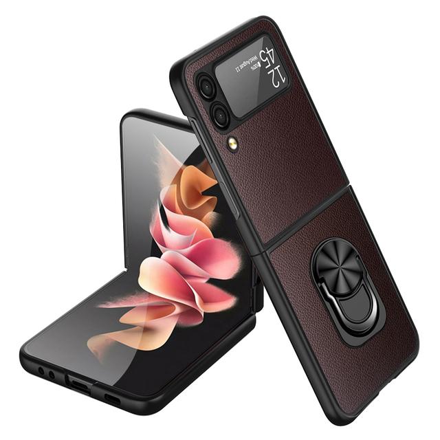 Comfortable Leather Finger Ring Case For Samsung Galaxy Z Flip 4 5g Flip4 Flip3 Flip 3 Shockproof Kickstand Cover Funda