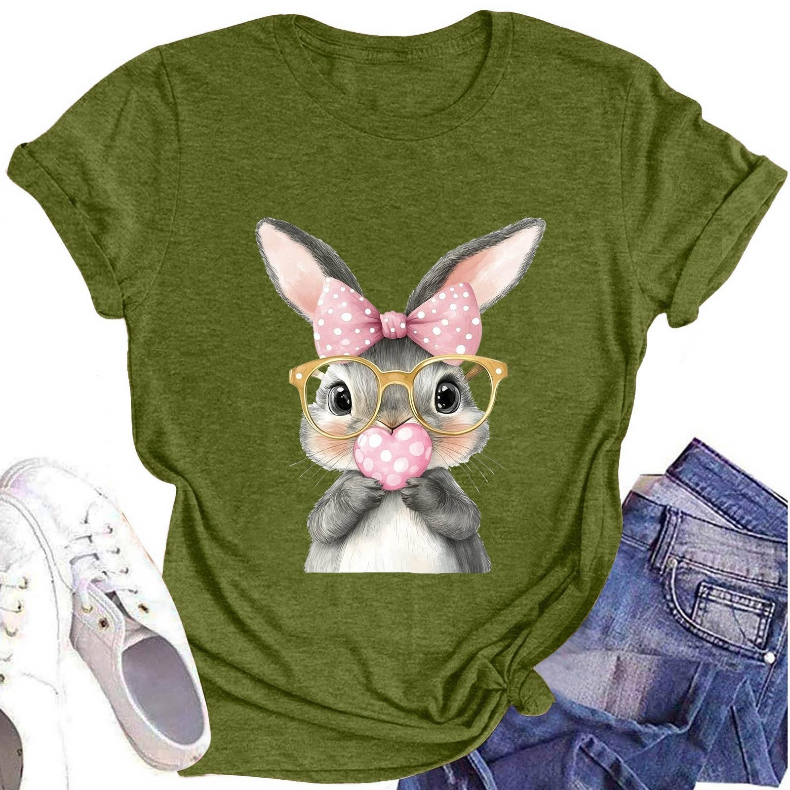 

Женская модная футболка с круглым вырезом и коротким рукавом, повседневный топ с пасхальным принтом L армия зеленый