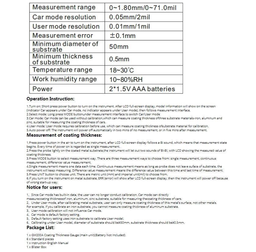 GM200A Digital Auto Film Thickness Gauge ABS LCD Display for Automotive Coating Paint Iron Varnish 0-1.8mm Width Meter 5mm Min.