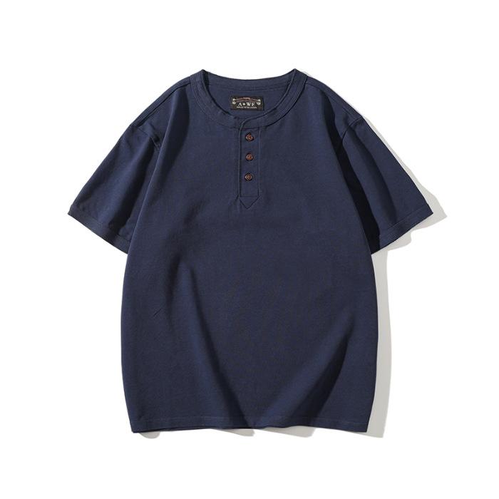 Retro Henry Neck Shirt Men's Short-sleeved T-shirt Summer Trendy Loose Large-size Pure Cotton Shirt