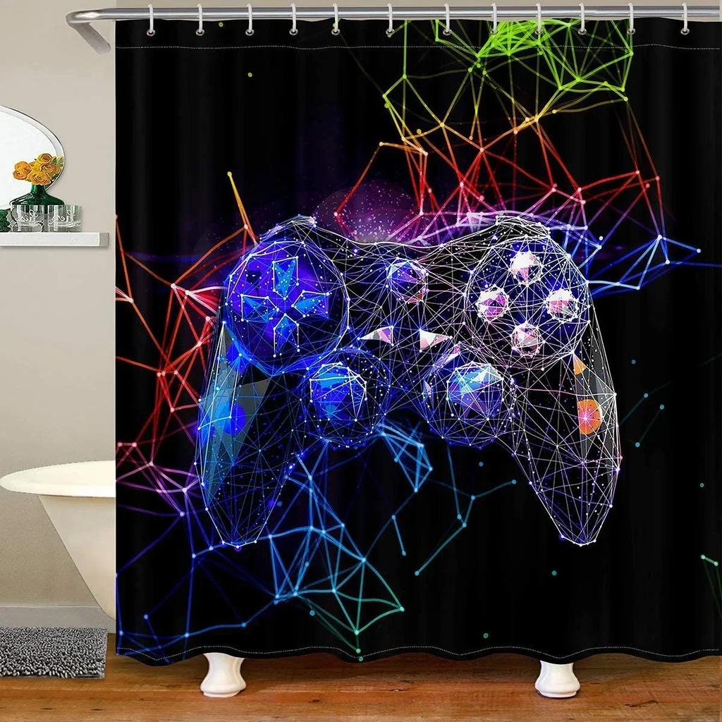 Modern Gamer Shower Curtain Video Game Controller Bath Curtain Room Decor Bright Colorful Geometry Waterproof Bathroom Curtains