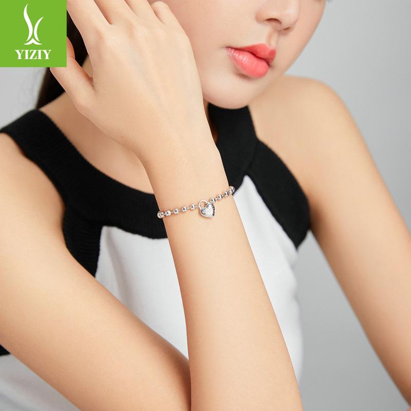 European & American Sterling Silver White Gold Plated Beaded Bracelet, Unisex, Versatile, S925, SCB203