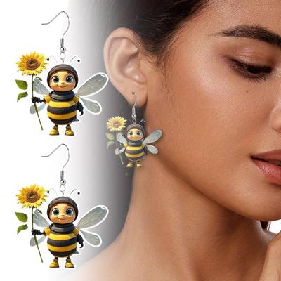 Cute Bee Dangle Earrings For Women Girls Acrylic Honey Bee With Sunflower Design Drop Earrings Halloween Christmas  Jewelry Gift