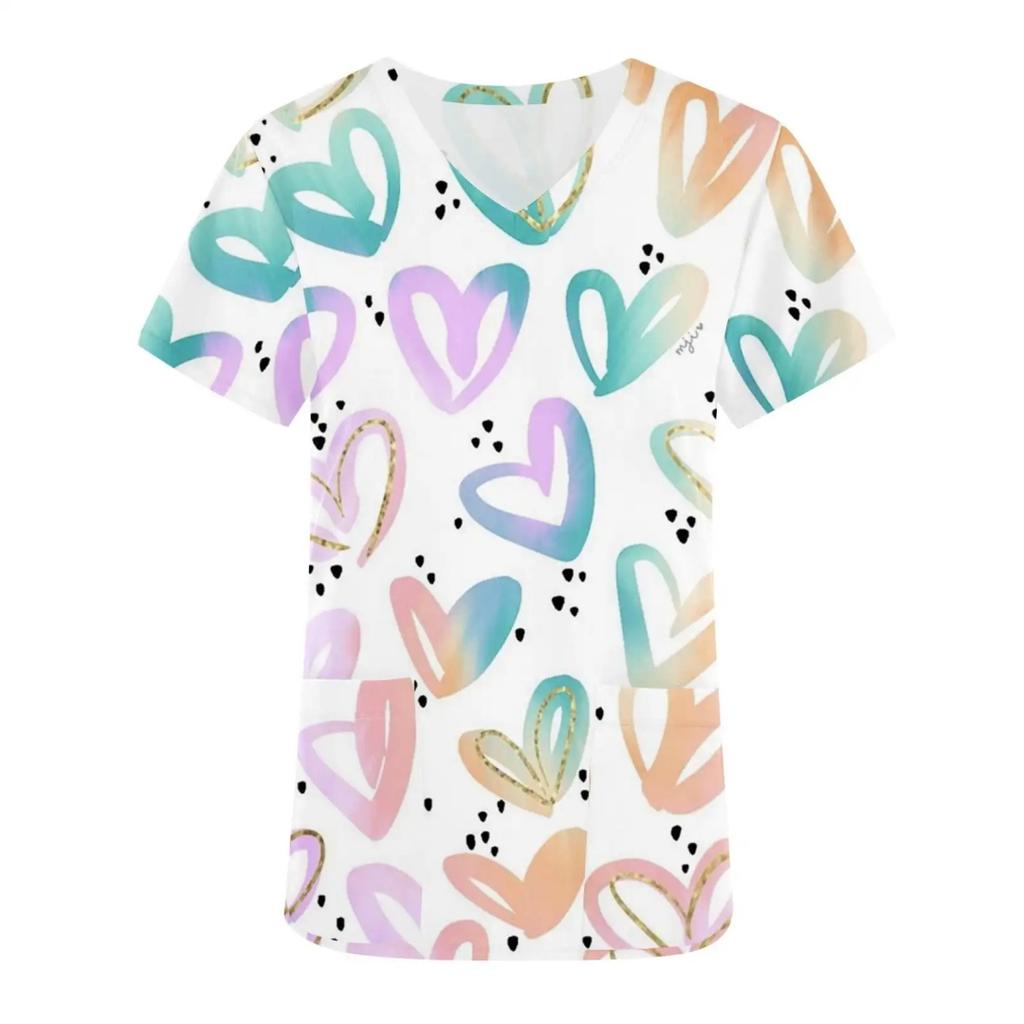 Women's Nursing Uniform with Romantic Heart Pattern Print Women's Short Sleeved Uniform Fashionable Casual and Comfortable