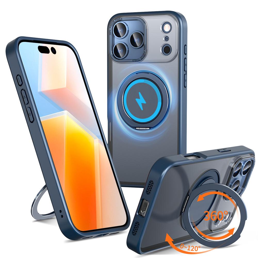 KEYSION Shockproof Matte Transparent Case for MagSafe for iPhone 17 Pro Max 360° Rotating Magnetic Ring Stand Phone Back Cover