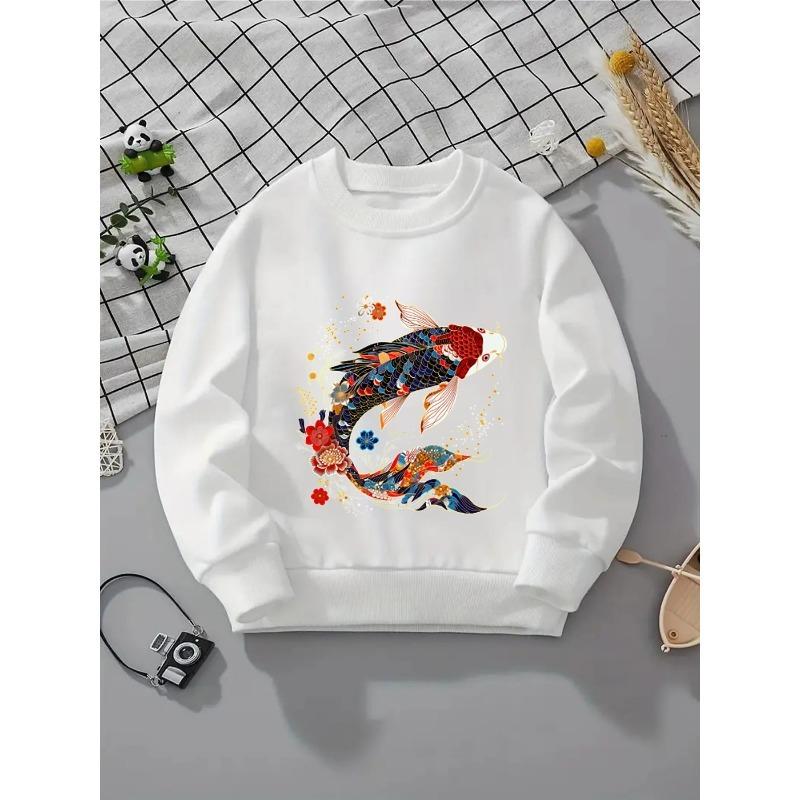 Girls' Crewneck Sweatshirt - Koi Fish Floral Pattern Artwork Design Machine Washable, Spring And Autumn, Sportswear And Casual Wear, Soft