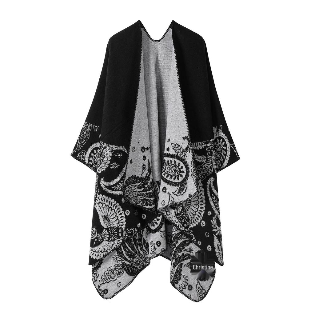 Women's Double-Sided Tassel Shawl Cloak - Classic Slit Design, Warm Travel Cape