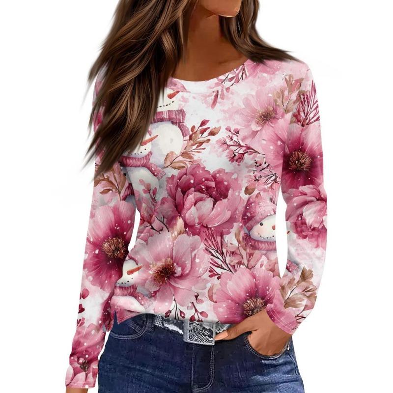 Christmas Limited Edition Women's 3D Floral Snowman Print Round Neck Long Sleeve T-shirt Fashion Casual Long Sleeve Top