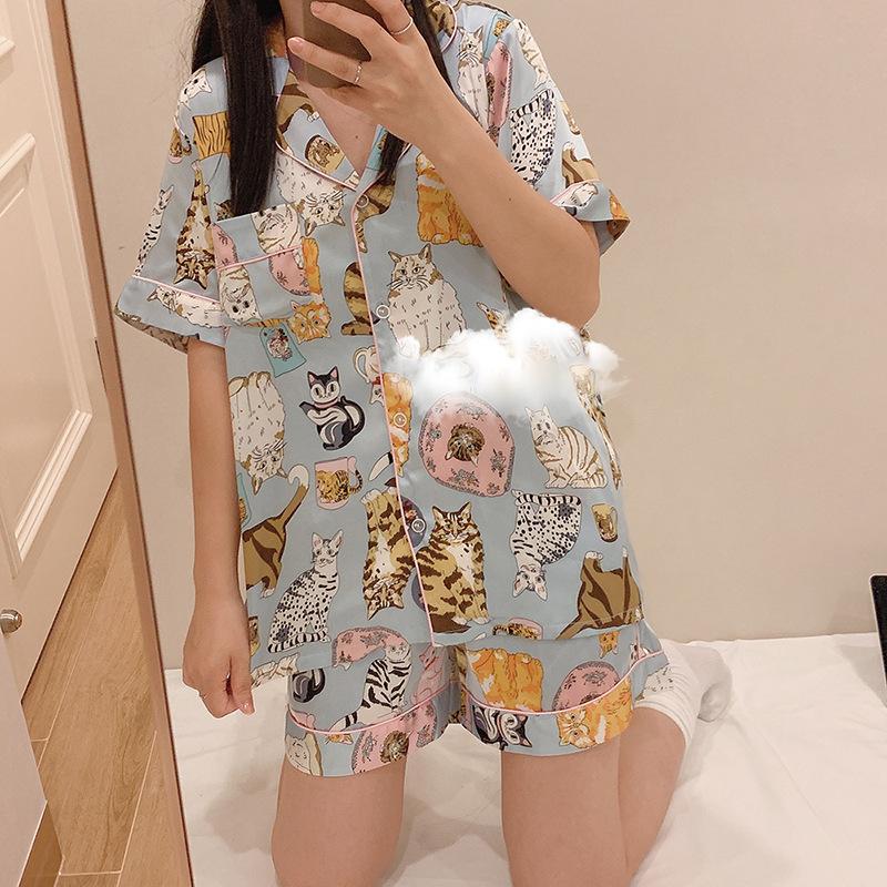 

Пижама из ледяного шелка для женщин Zhao Ruth, такой же милый котик, модный комплект из трех предметов для дома с коротким рукавом 2XL