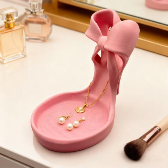 Pink Stiletto Jewelry Tray 3D Printed High Heel Jewelry Dish with Bow Women Ring And Earring Holder Jewelry Display Stand for Bedroom Vanity Table