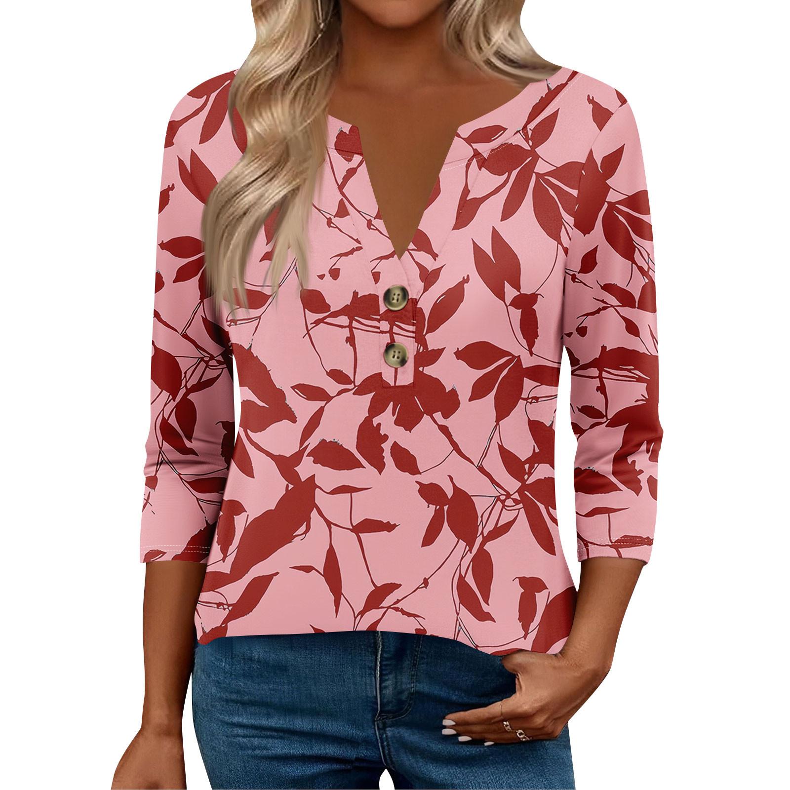 

Жіночі топи з рукавом 3/4 для жінок, топи хенлі на ґудзиках з V-подібним вирізом, ошатні літні жіночі топи вільного крою XXL рожевий