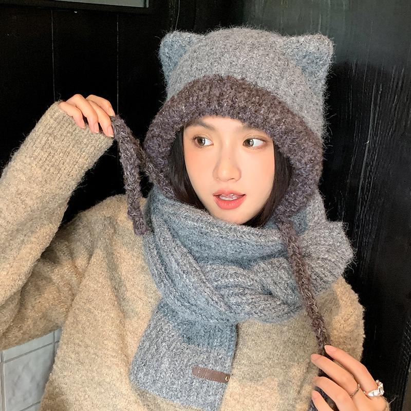 Winter New Cute Hat Women's Thickened Warm Ear Protection Hat Versatile Face Small Wool Hat Scarf Set